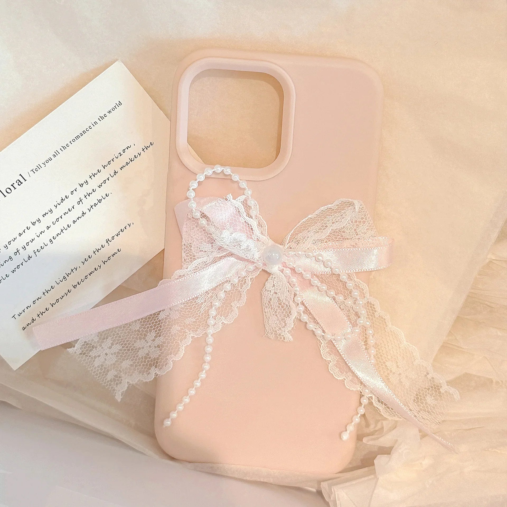 Korean Cute 3D Pearl Lace Silk Ribbon Bow Phone Case For iPhone
