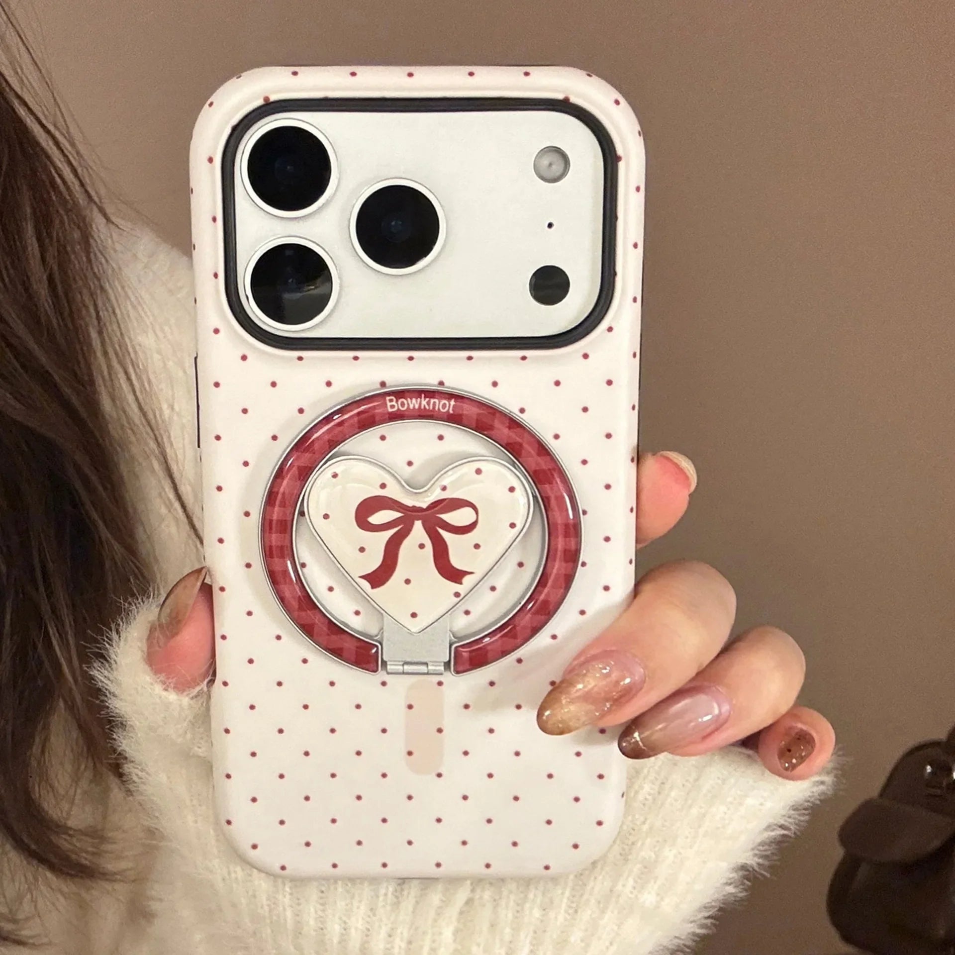 Korean Full Screen Polka Dot Fold Love Heart Magnetic Holder Phone Case For iPhone