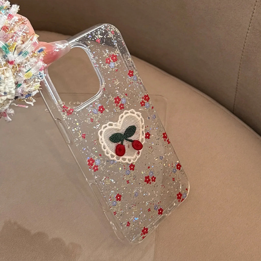 3D Glitter Flowers Lace Cherry Embroidery Phone Case For iPhone