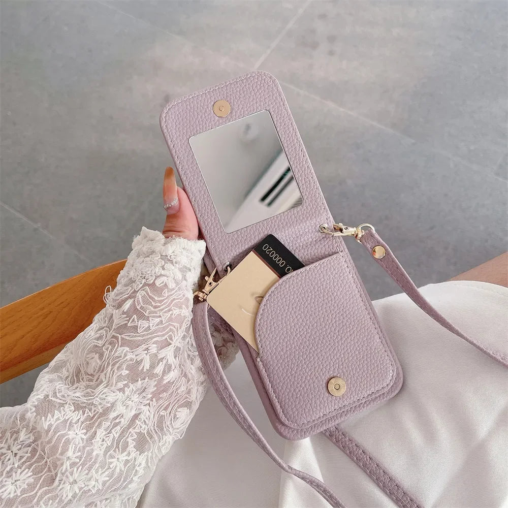 Makeup Mirror Flip Card Pocket Leather Case For iPhone