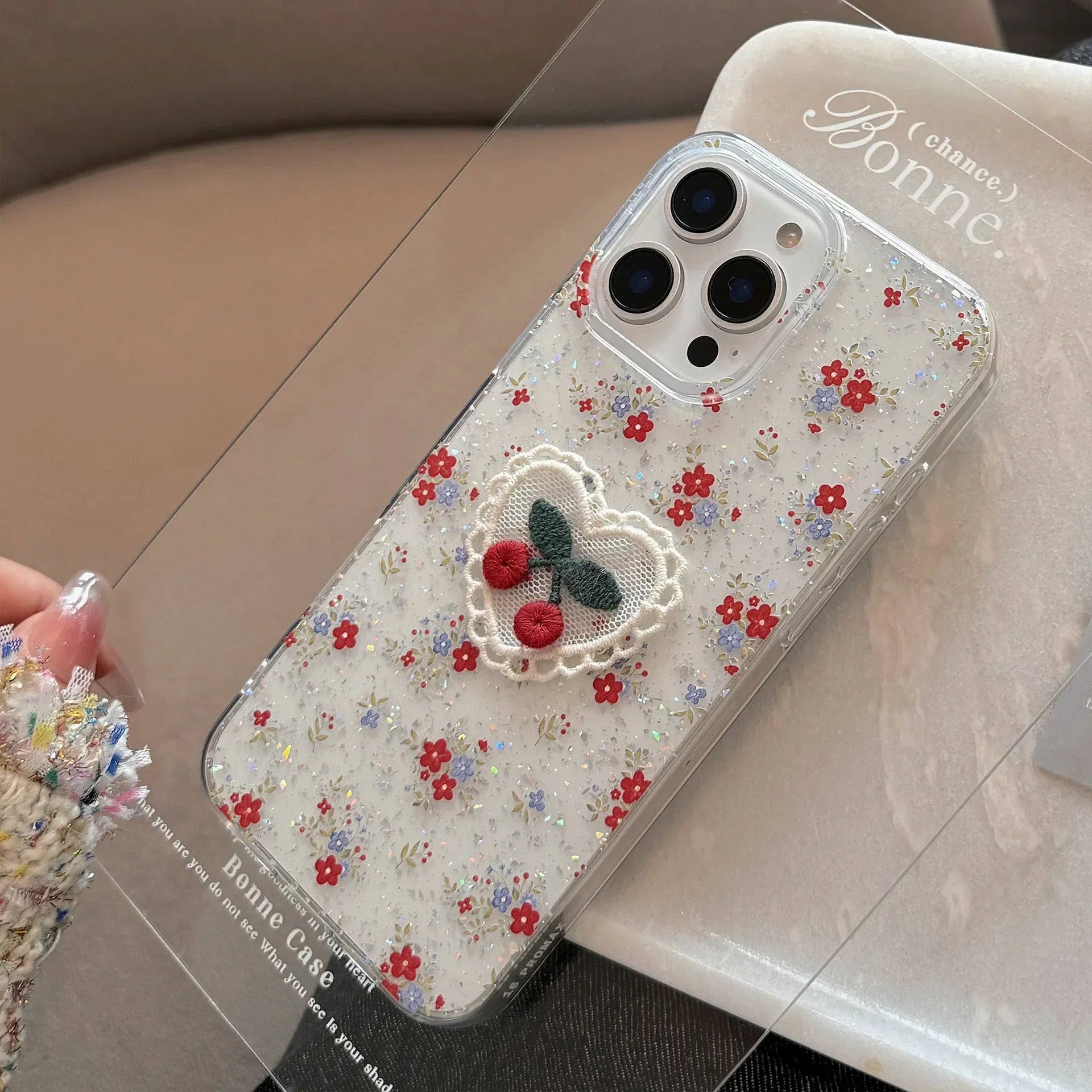 3D Glitter Flowers Lace Cherry Embroidery Phone Case For iPhone