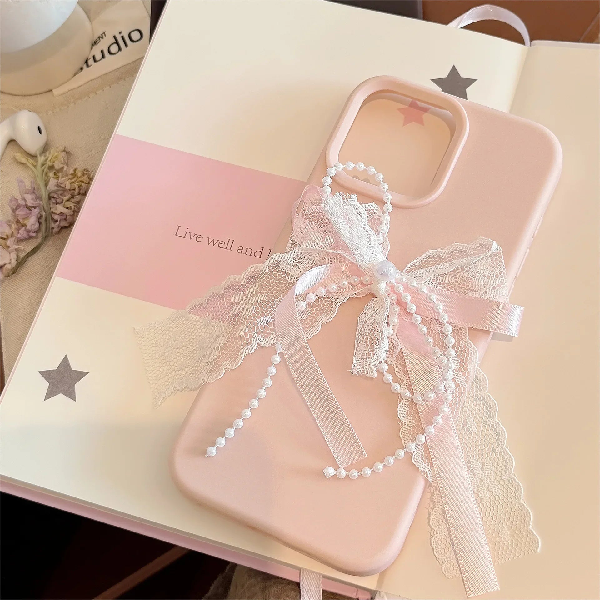 Korean Cute 3D Pearl Lace Silk Ribbon Bow Phone Case For iPhone