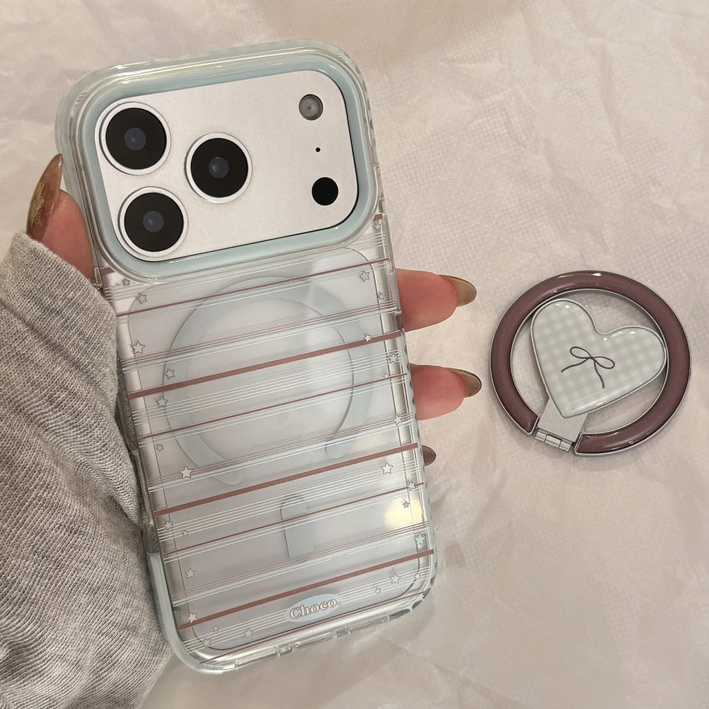 Korean Striped Stars Fold Love Heart Bow Bracket Magnetic Phone Case For iPhone