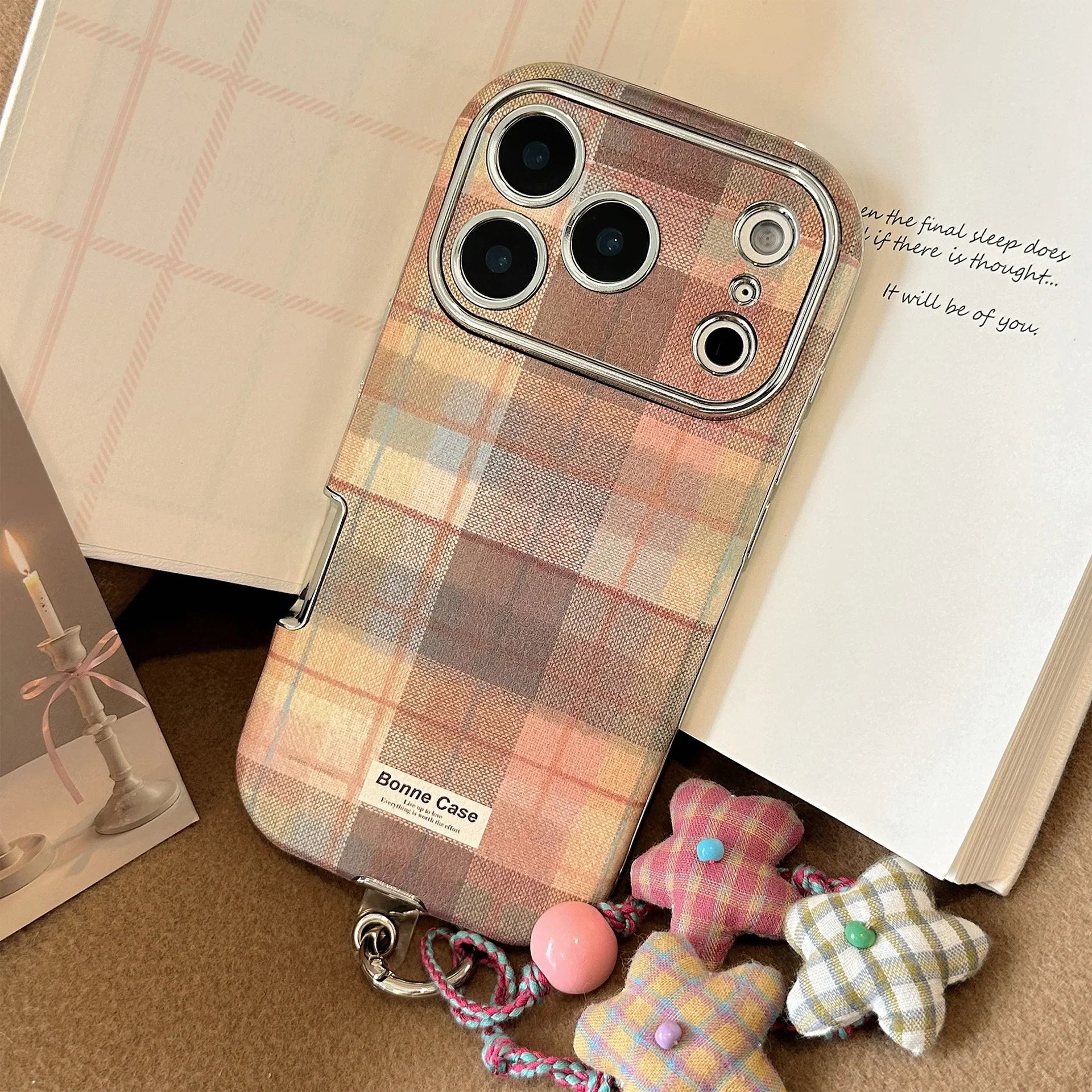 Korean Grid Pattern Cloth Texture Plating Phone Case With Stars Strap For iPhone