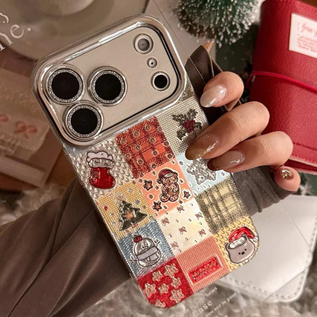 Korean Christmas Grid Pattern Glitter Phone Case For iPhone