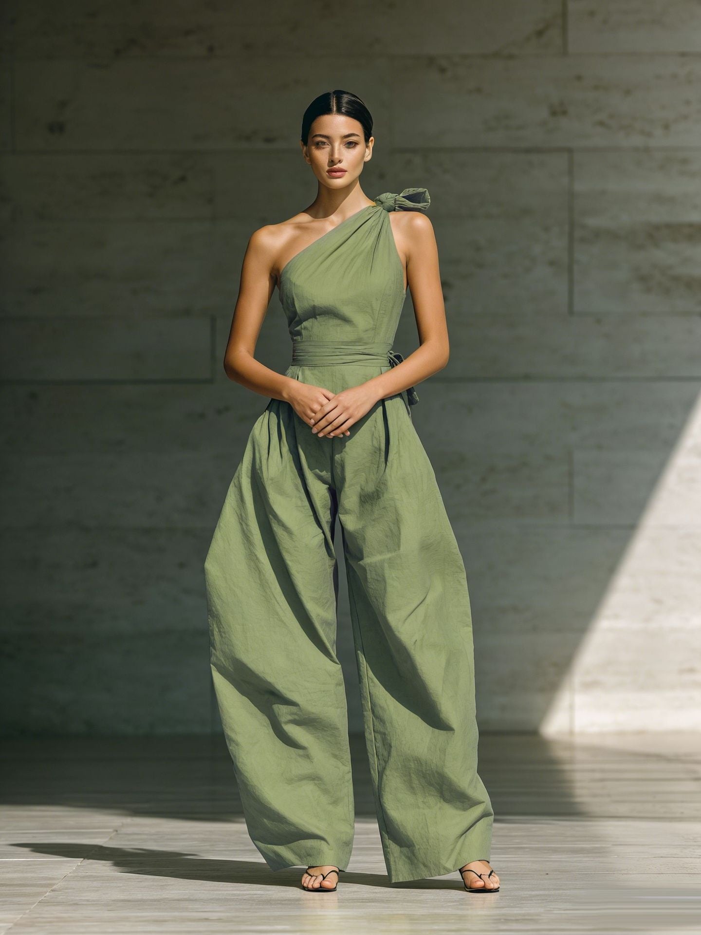 Loose-fitting Sleeveless Off-shoulder Belted Jumpsuit