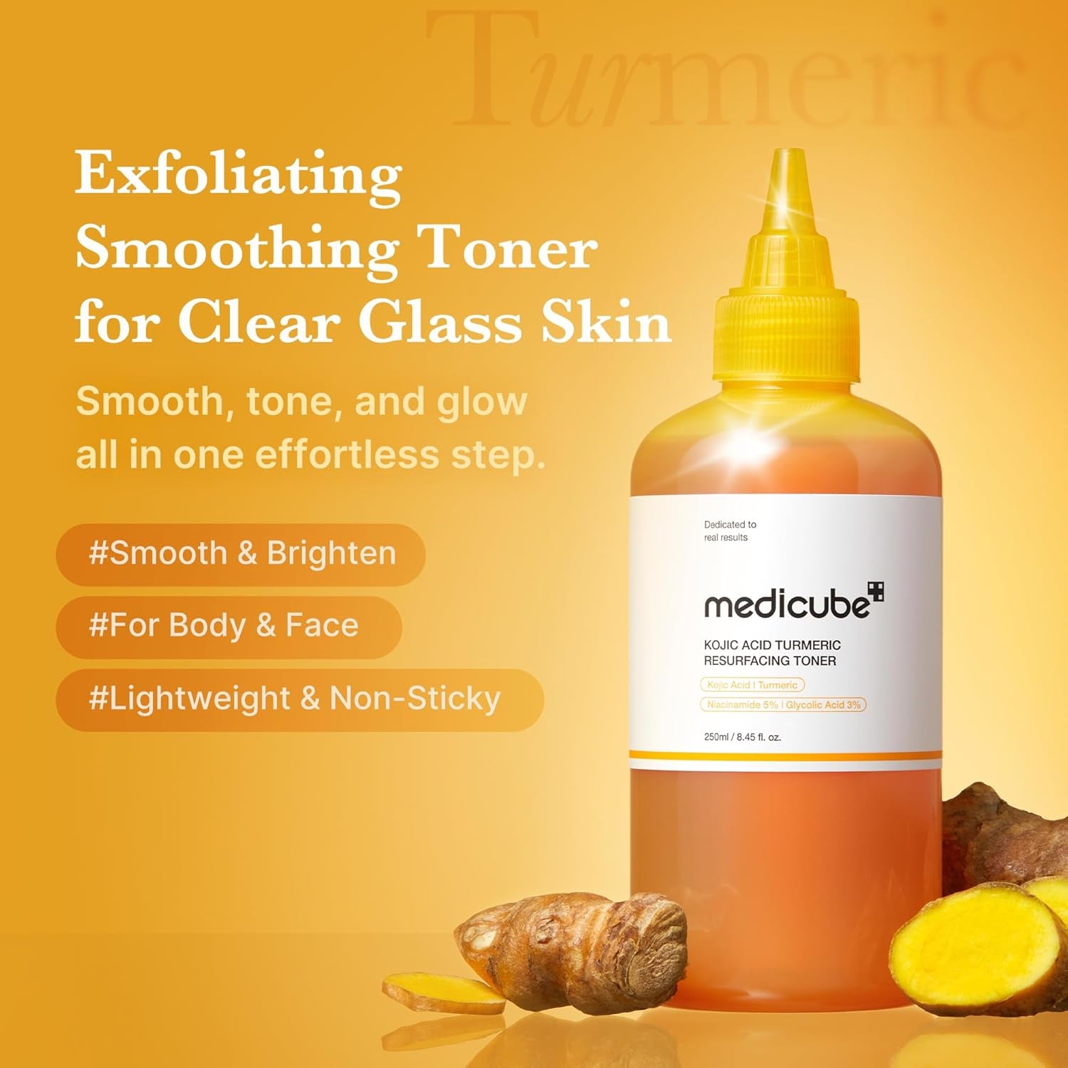 Kojic Acid Turmeric Smoothing Toner for Face & Body | Lightweight Toner for Balancing Uneven Skin Tone & Texture | Niacinamide, Glycolic Acid for Clear Glass Skin | 8.45 Fl.Oz
