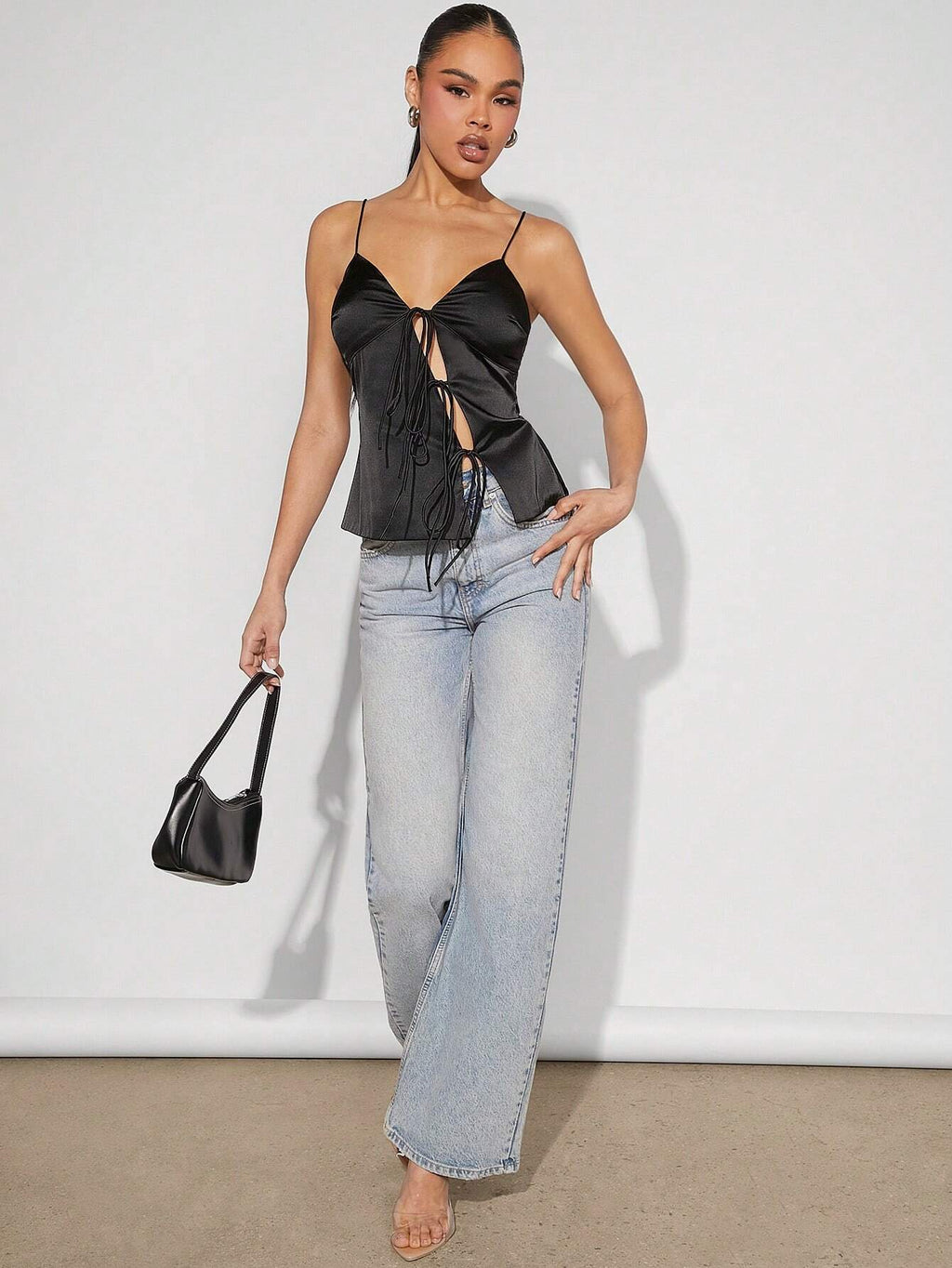 Denimoi Women'S Fall Black Deep V-Neck Tie Front Asymmetric Satin Cami Top, Sexy Going Out Top, Party Tank Top, Country Concert Outfit, Rave Festival Outfit, Clubwear