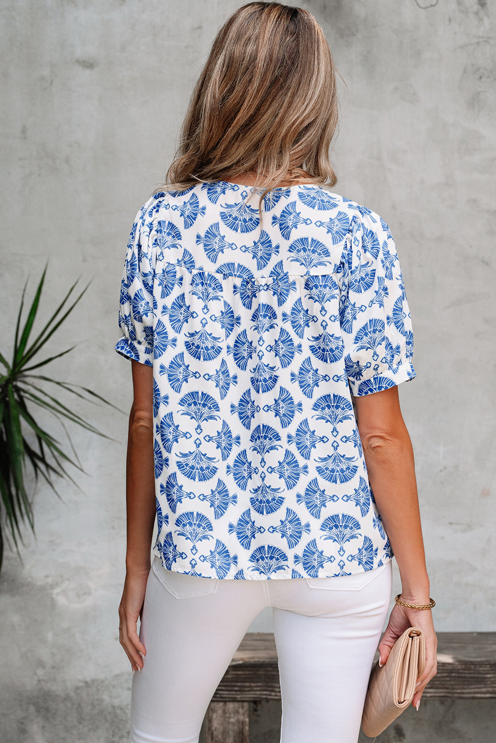 Grace Geometric Tassel Drawstring V Neck Blouse