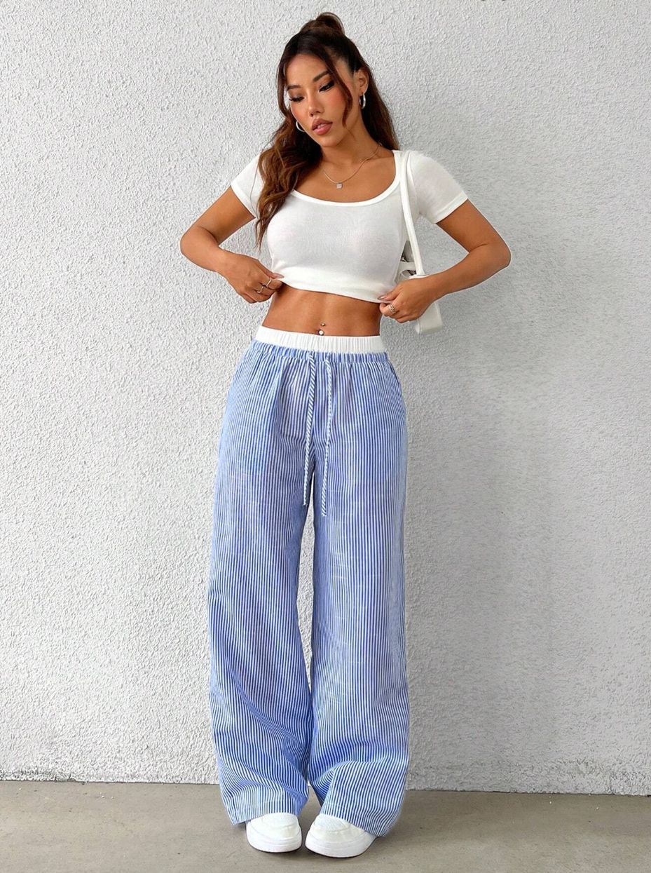 Casual Fashion Womens Striped Wide-Leg Floor-Length Pants
