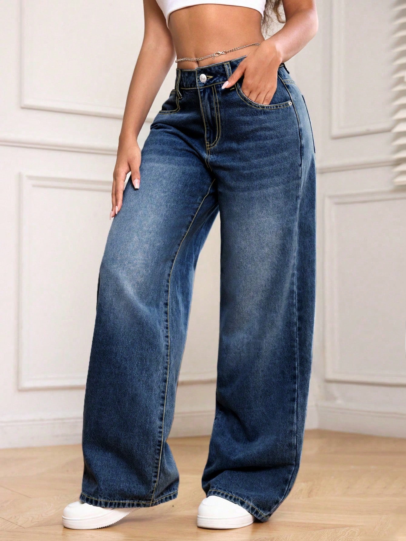 SHEIN PETITE Women'S Pocket Loose Wide Leg Casual Versatile Denim Jeans