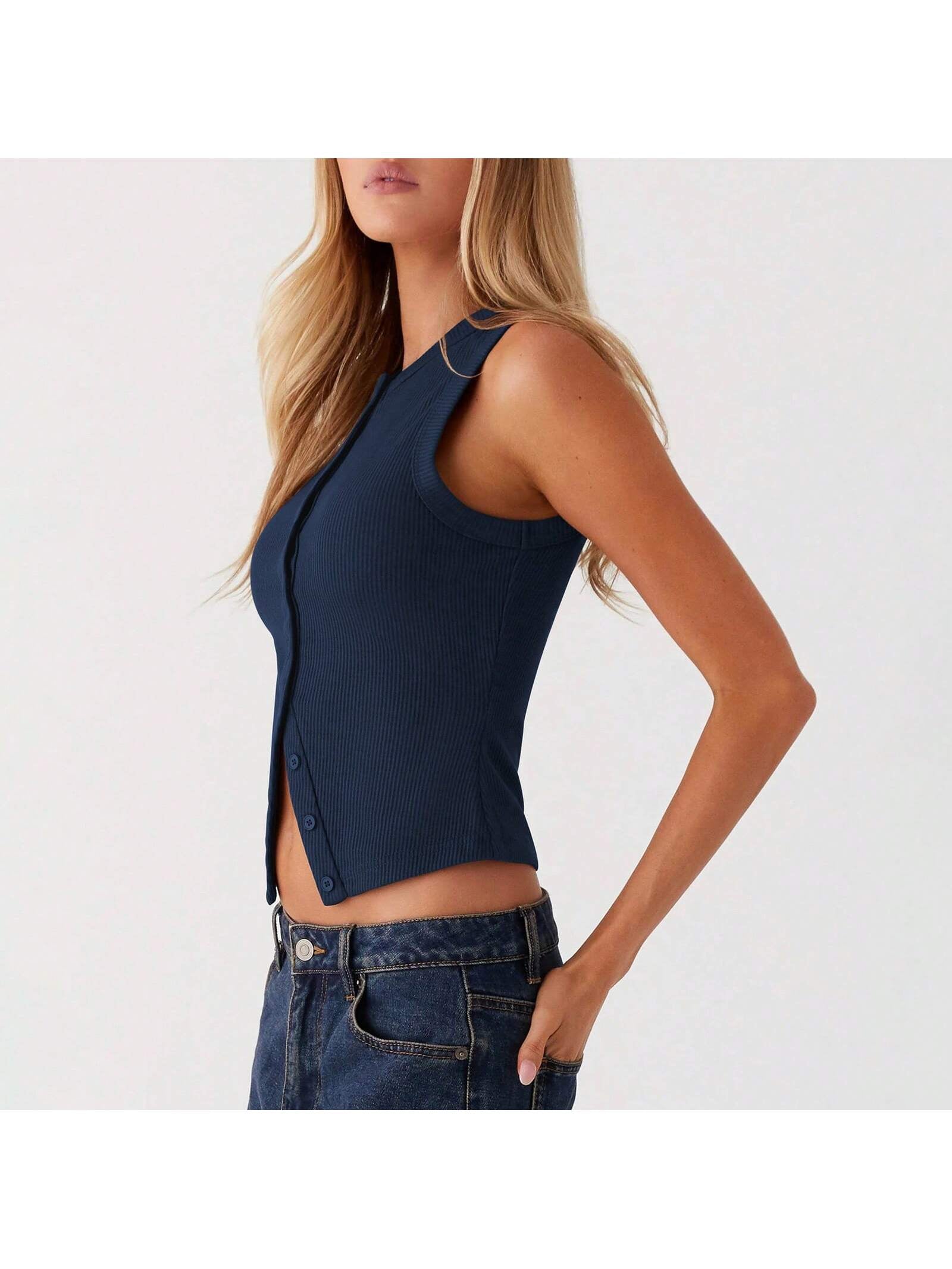 Women Button down Tank Tops 1 Piece Casual Summer Solid Color Sleeveless Crop Shirt Basic Vest Aesthetic Clothes Streetwear