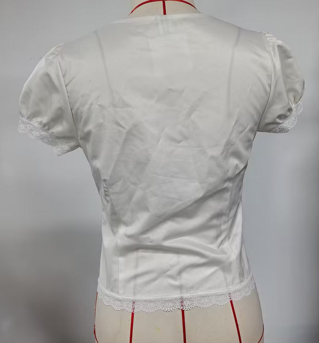 V-Neck Lace Puff Sleeve Corset-Style Top