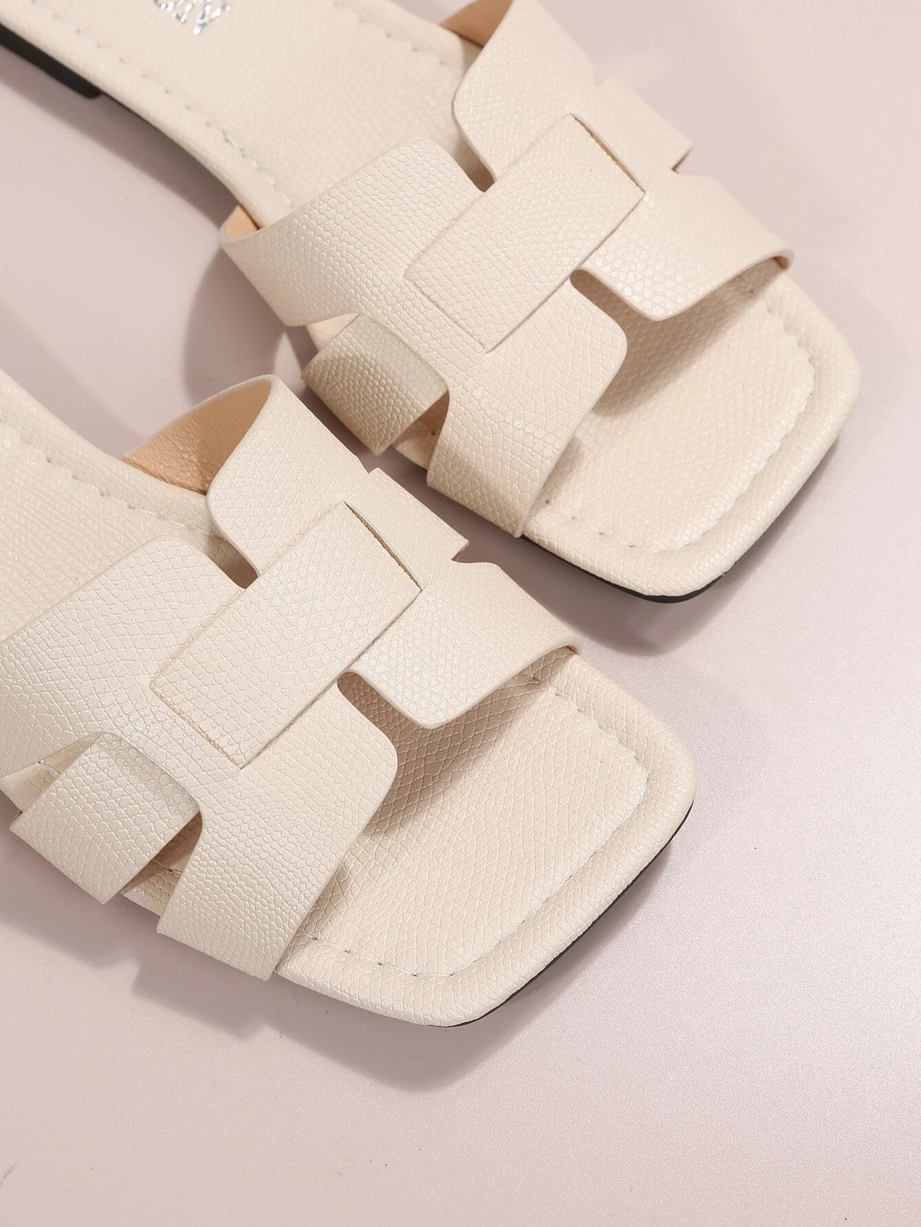 Elegant Beige Sandals for Women, Snakeskin Embossed Cut Out Design Open Toe Slide Sandals