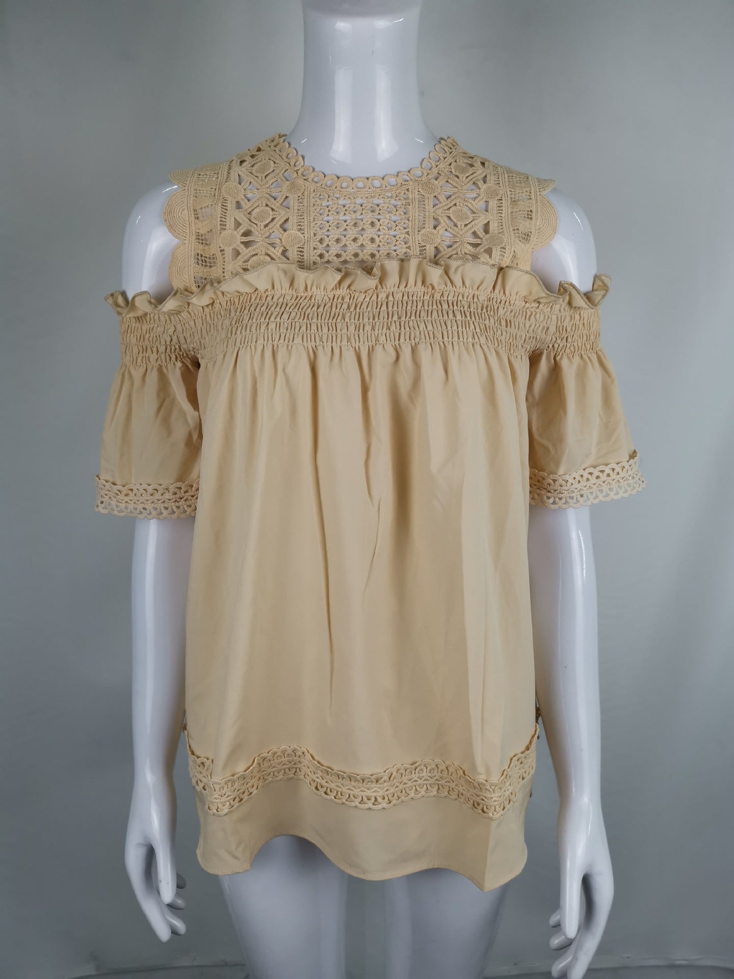 Off-shoulder Hollow-out Three-quarter Sleeve Shirt