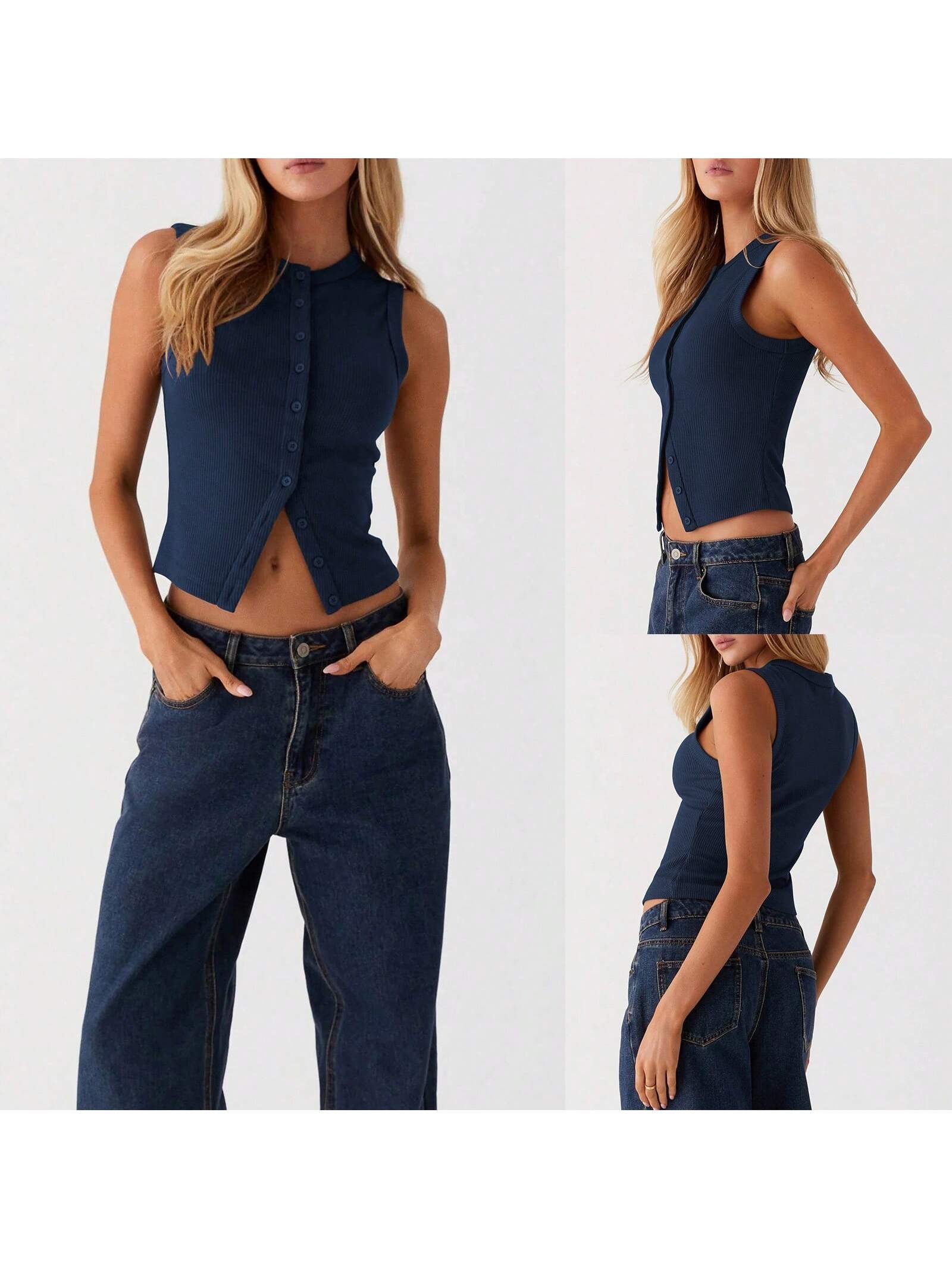 Women Button down Tank Tops 1 Piece Casual Summer Solid Color Sleeveless Crop Shirt Basic Vest Aesthetic Clothes Streetwear