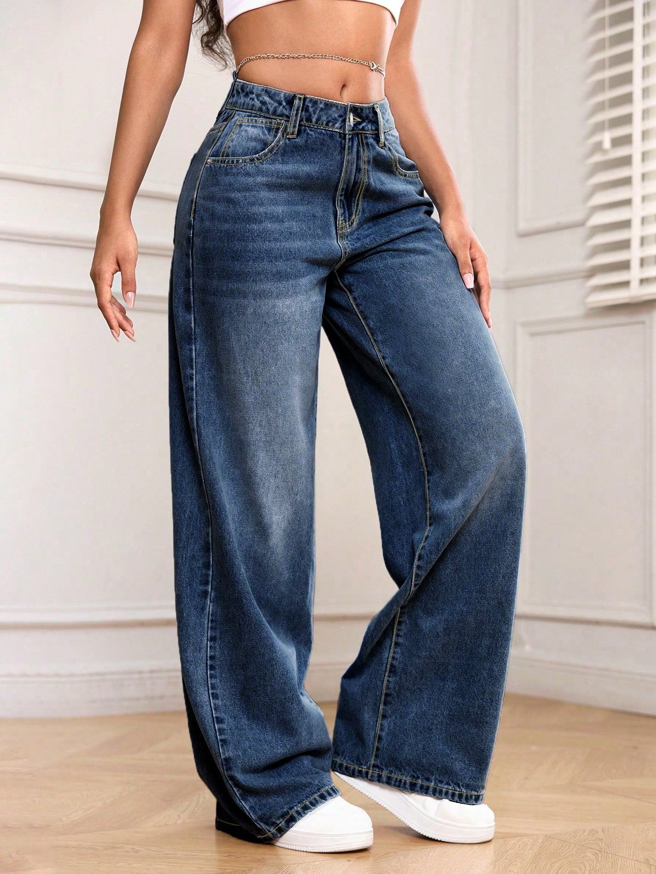 SHEIN PETITE Women'S Pocket Loose Wide Leg Casual Versatile Denim Jeans