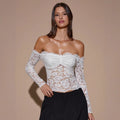 Women's White Off-Shoulder Long Sleeve Lace Trim French Style Blouse
