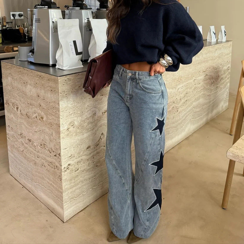 Fashion Casual Five-pointed Star Loose Straight Leg Denim Pants