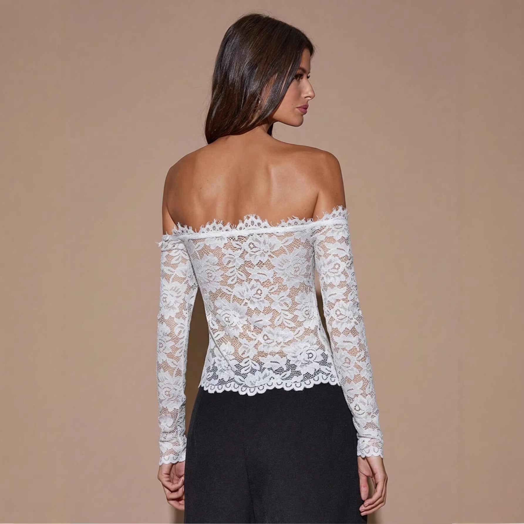 Women's White Off-Shoulder Long Sleeve Lace Trim French Style Blouse