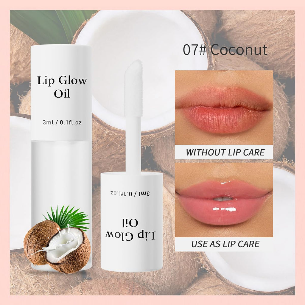 Korean Lip Oil - Fruity Flavor Lip Glow Oil, Moisturizing Hydrating & Nourishing Non-Stick Cup Transparent Plumping Lip Gloss for Dry Lips & Lip Care (07#Coconut)