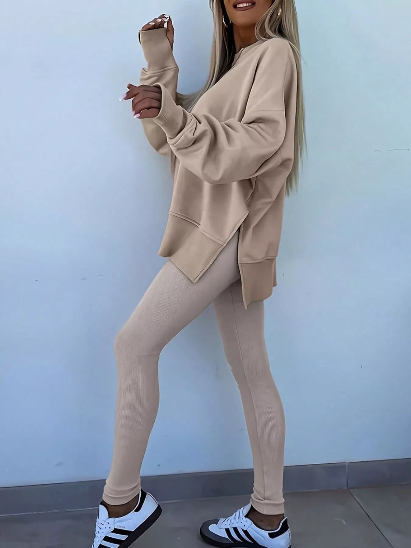 Oversized Slit Sweatshirt and Ribbed Leggings 2pcs Set