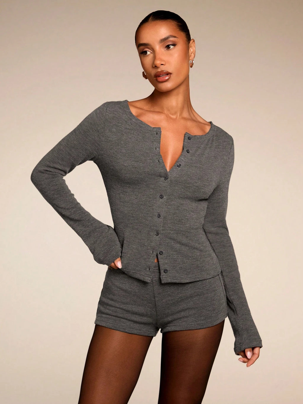 SHEIN BAE Women Solid Color Long Sleeve Top and Mini Skirt Set