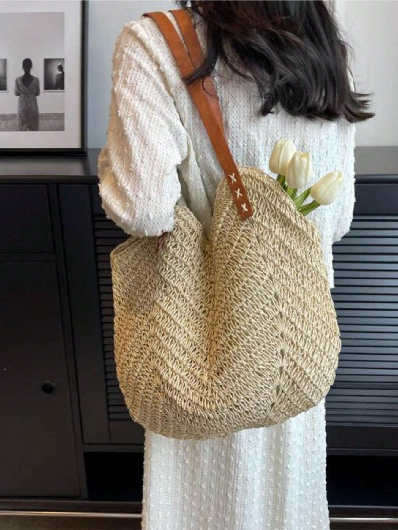 Lightweight, Casual Large Capacity, Portable Minimalist Straw Bag Double Handle Vacation Medium for Teen Girls Women College Students Perfect for College School,Outdoors, Travel, Outings,Holiday