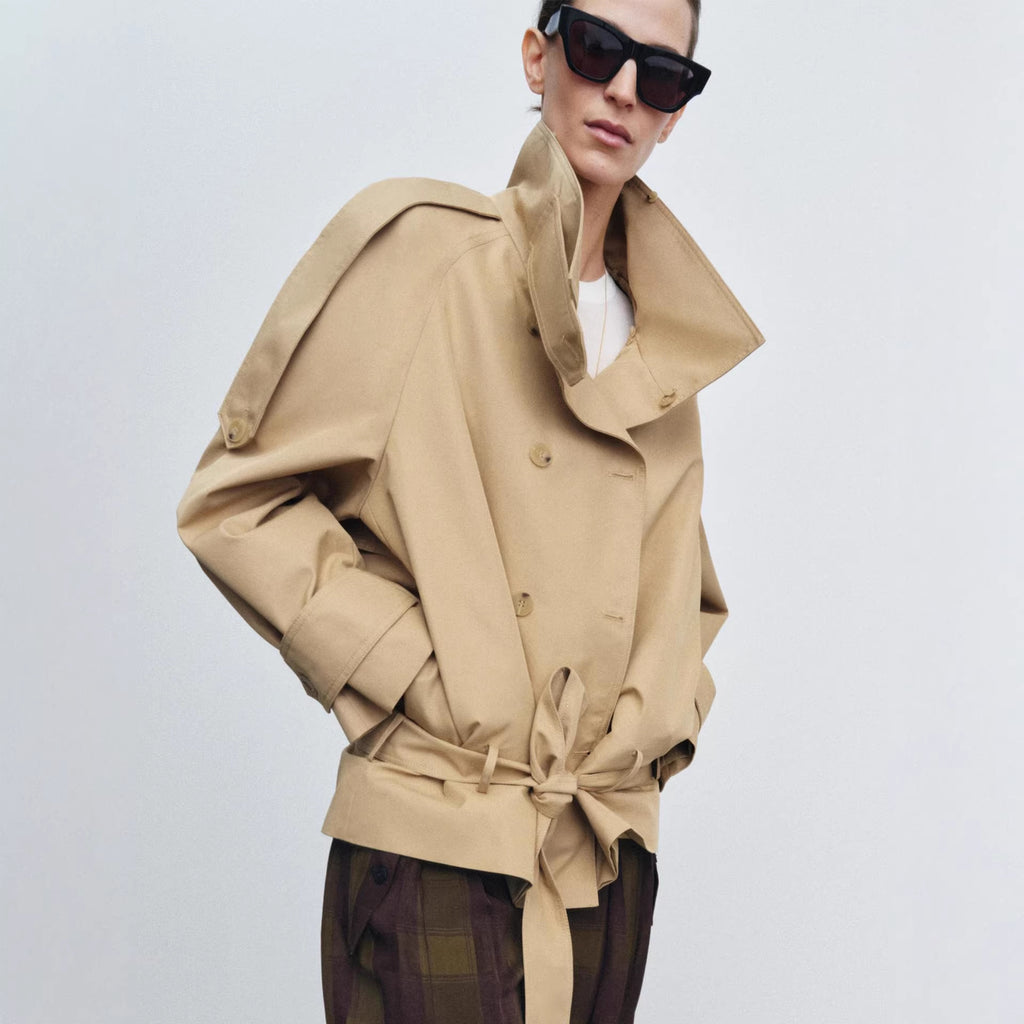 Double-breasted Belted Short Trench Coat With A Stand-up Collar