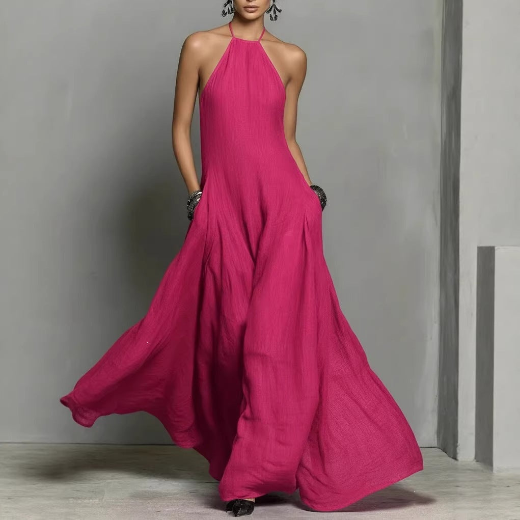 Womens Solid-Color Cotton-Linen Blend Simple Sleeveless Maxi Dress