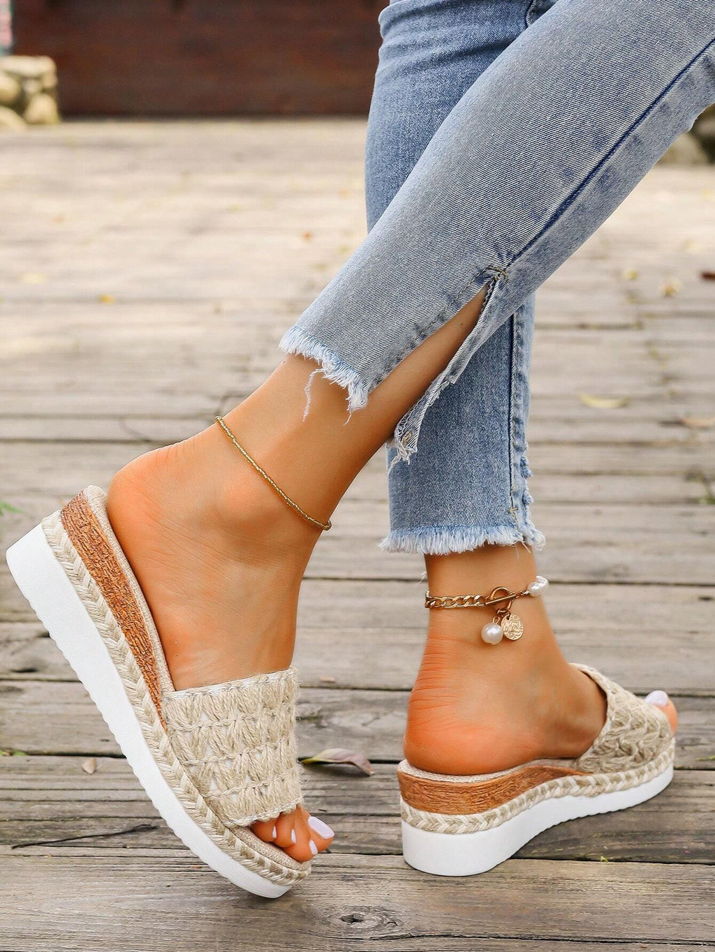 2024 New Style Women Apricot Woven Rope Wedge Platform Sandals with Ankle Strap