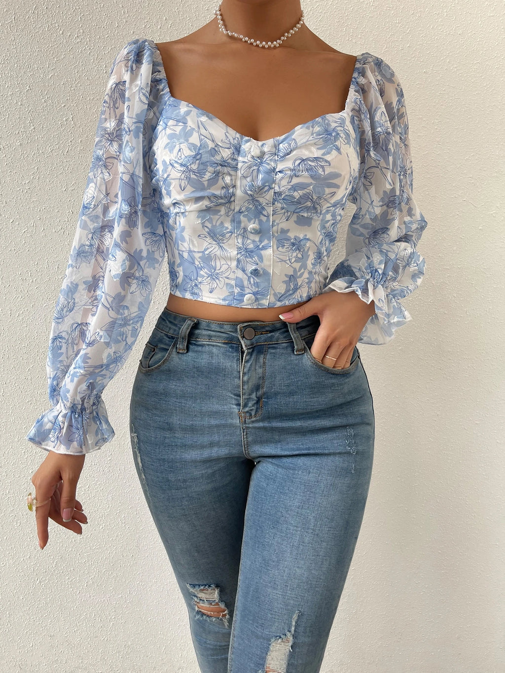 Chiquease Floral Print Flounce Sleeve Ruched Chiffon Blouse,Long Sleeve Tops Fall Cloth for Women