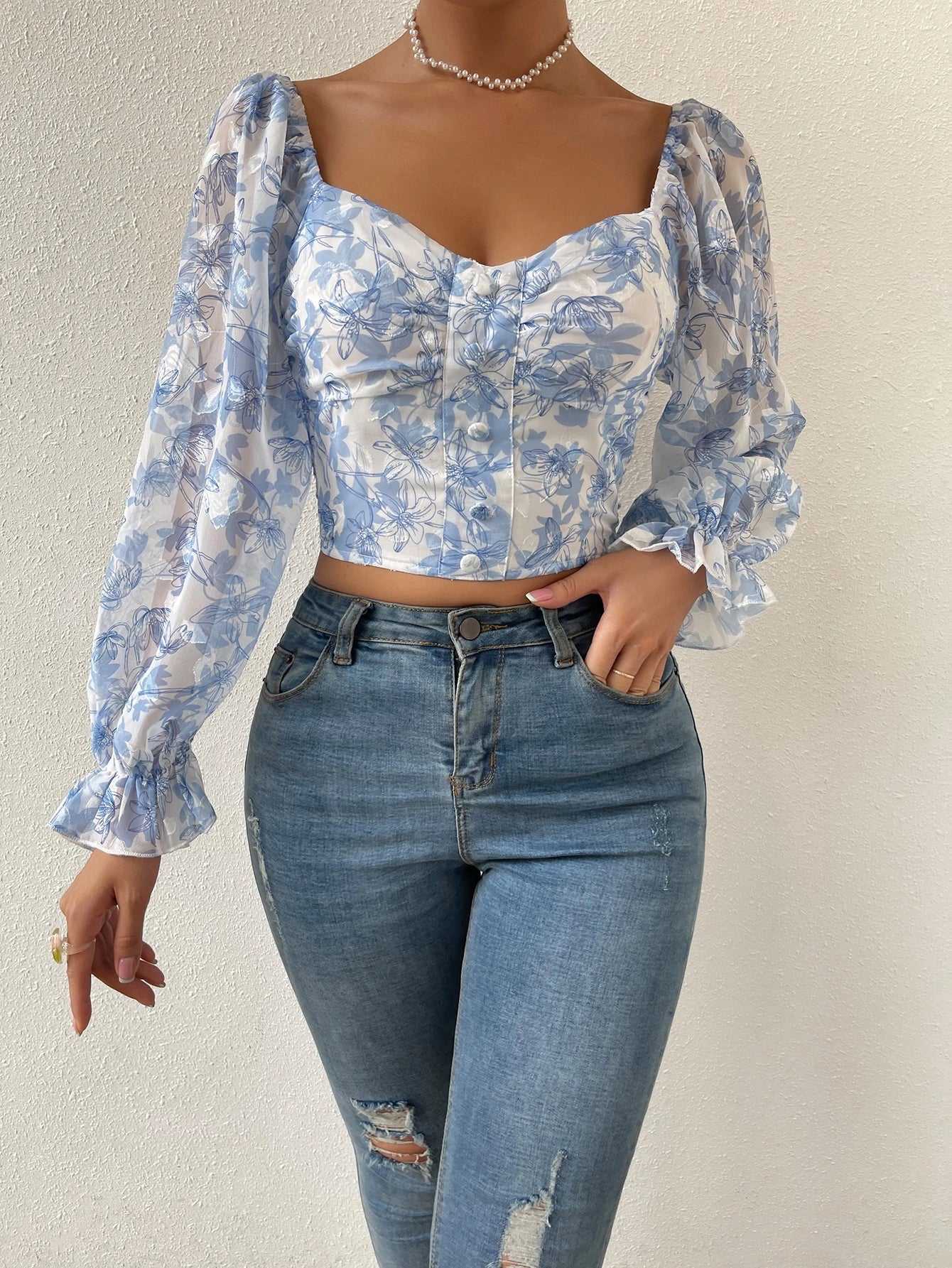 Chiquease Floral Print Flounce Sleeve Ruched Chiffon Blouse,Long Sleeve Tops Fall Cloth for Women
