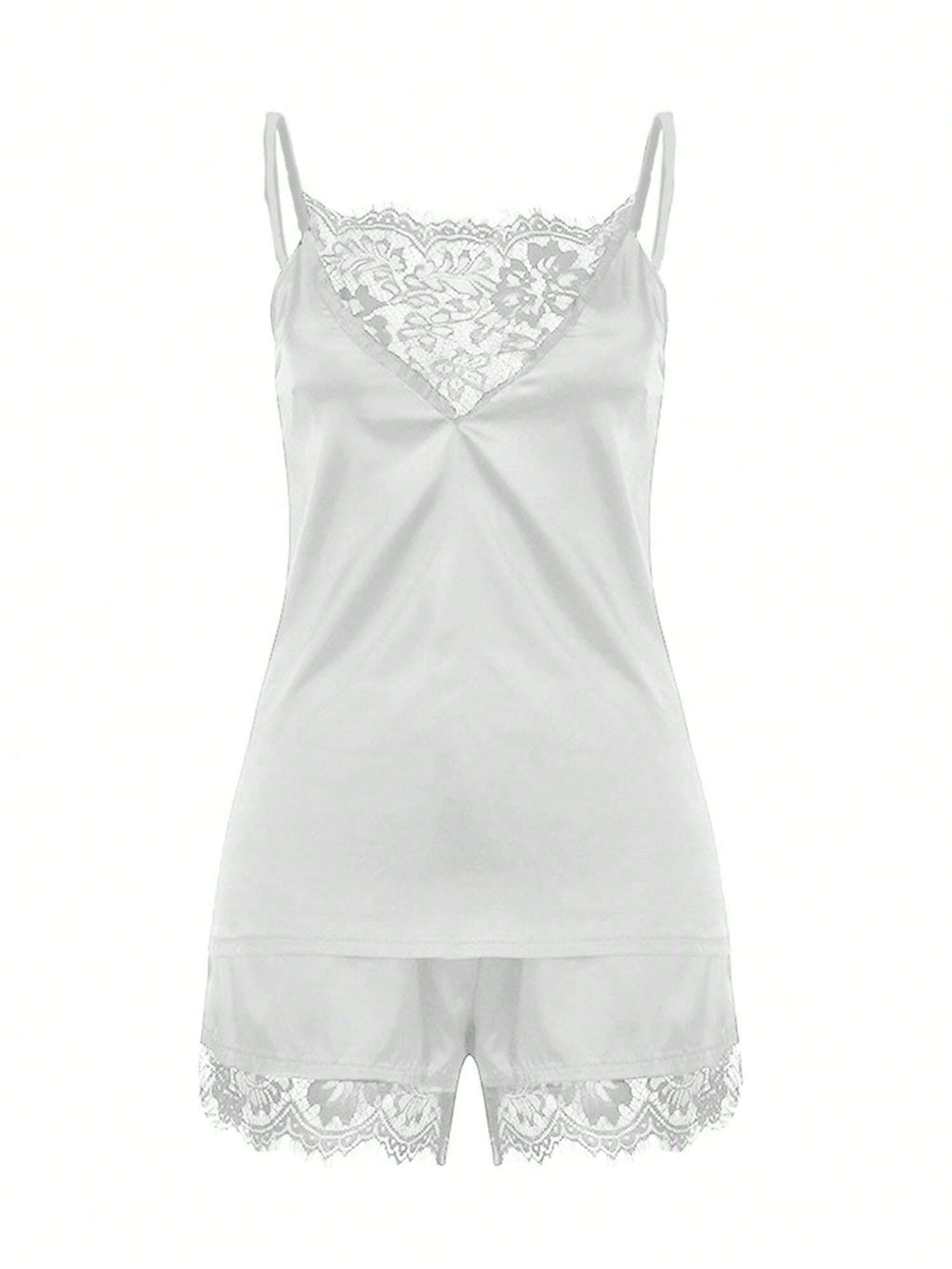 Women Stain Pajamas Set Lace Sexy V Neck Lingerie Sleepwear Cami Shorts Nightwear Set Silk Soft Loungewear Pjs White Set