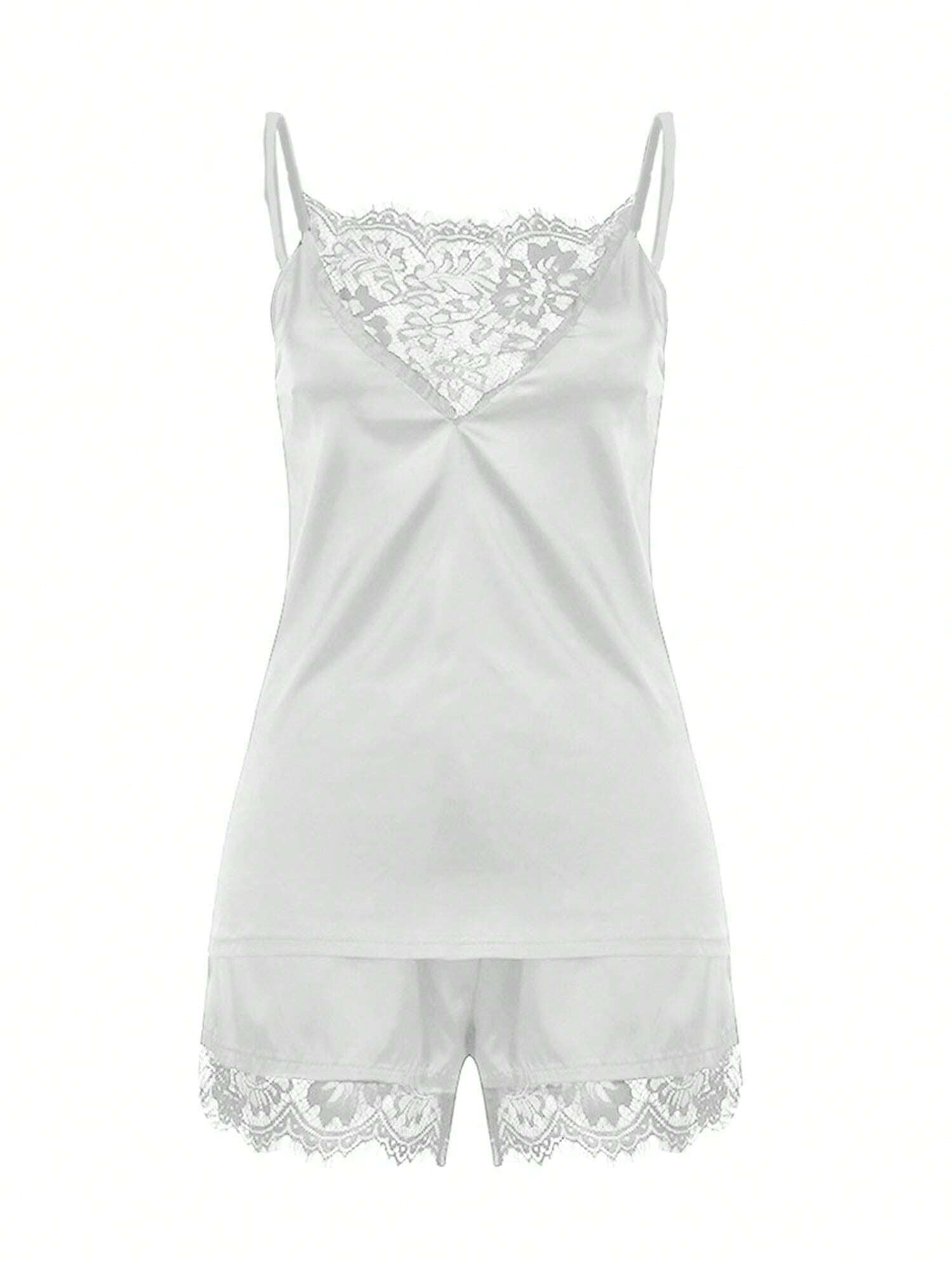 Women Stain Pajamas Set Lace Sexy V Neck Lingerie Sleepwear Cami Shorts Nightwear Set Silk Soft Loungewear Pjs White Set
