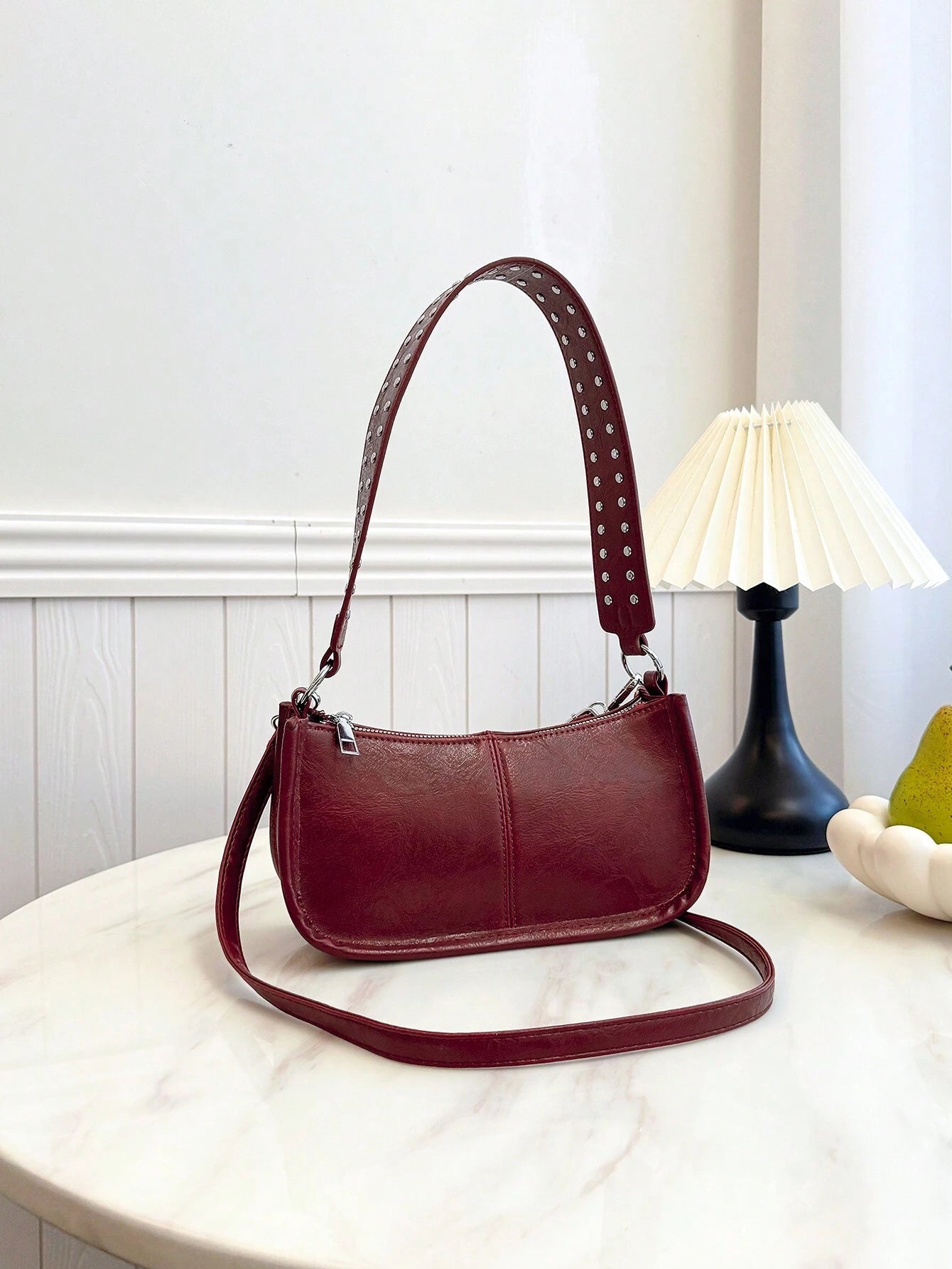 Hot Girl Style New Fashion Women'S Retro PU Underarm Bag, Rivet Decoration Inlay Design Simple Solid Color Shoulder Bag, Wine Red Hot Girl Bag, Street Style Shoulder Bag, Zipper Closure Women'S Wallet, Suitable for Shopping Girls Party and Travel, Clothing Matching, Participating in Favorite Activities , Old Money