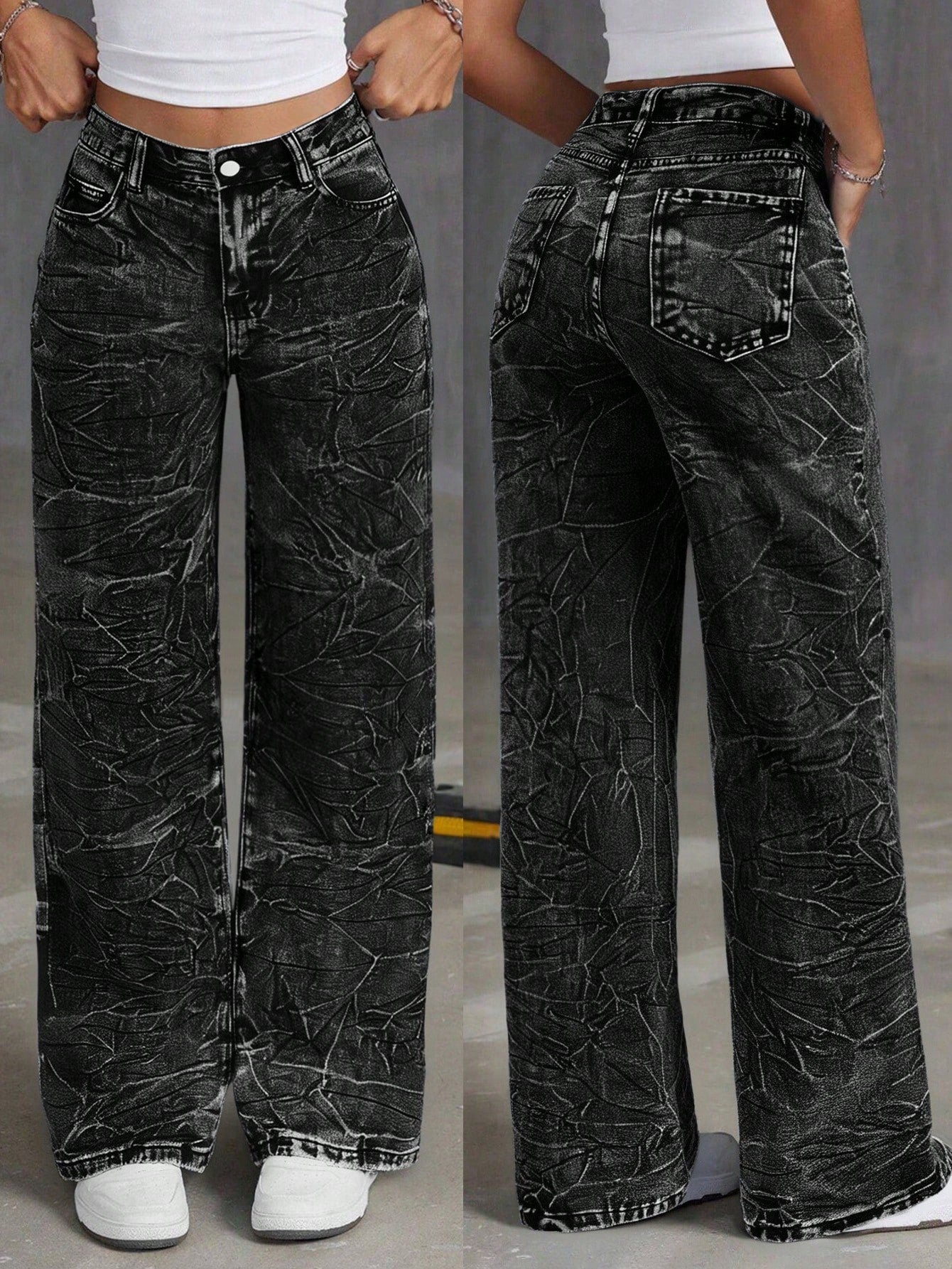 Halloween, Christmas, New Year, Thanksgiving, Women'S Washed Black Jeans Long Straight Leg Non Stretch Casual Pants, with Fashionable Pocket Details and Tie up Craftsmanship, Each One Is Different