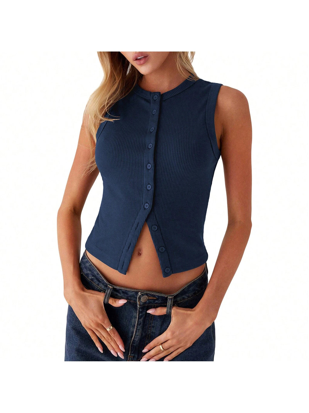 Women Button down Tank Tops 1 Piece Casual Summer Solid Color Sleeveless Crop Shirt Basic Vest Aesthetic Clothes Streetwear