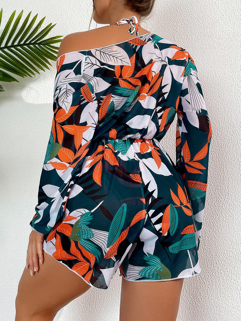 Swim Vcay Summer Beach Tropical Print Halter Triangle Bikini Set with Cover Up