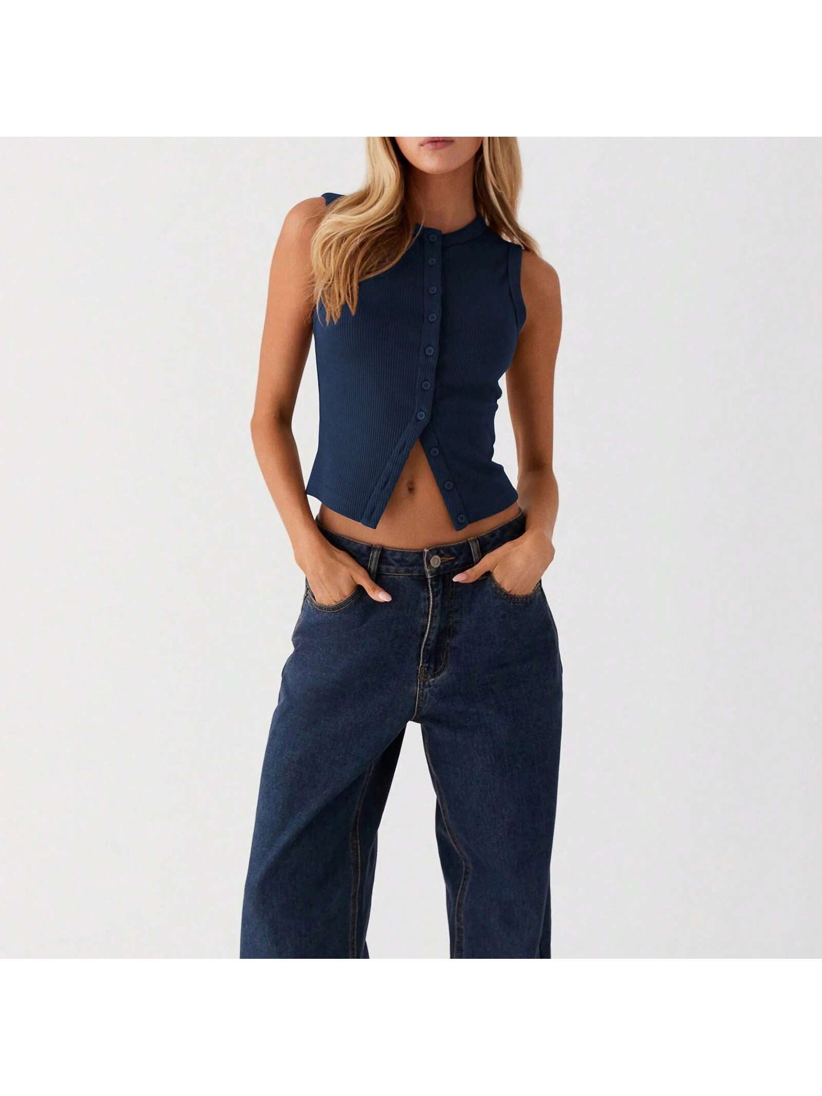 Women Button down Tank Tops 1 Piece Casual Summer Solid Color Sleeveless Crop Shirt Basic Vest Aesthetic Clothes Streetwear