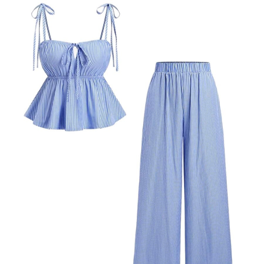 Women's Blue Vertical Striped Wide Leg Pants