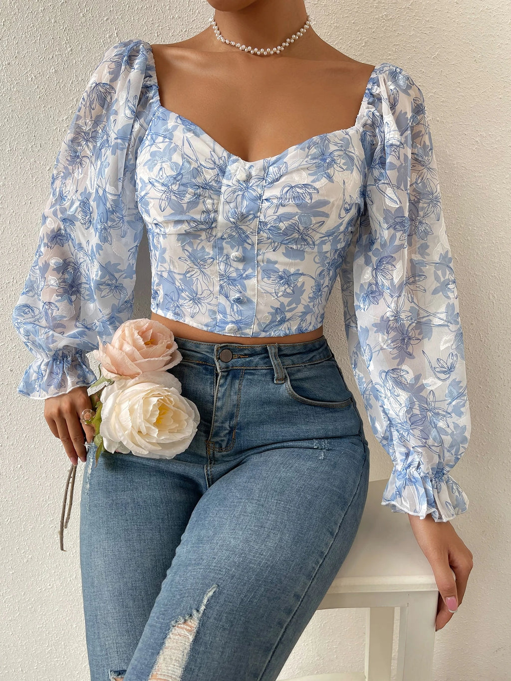 Chiquease Floral Print Flounce Sleeve Ruched Chiffon Blouse,Long Sleeve Tops Fall Cloth for Women