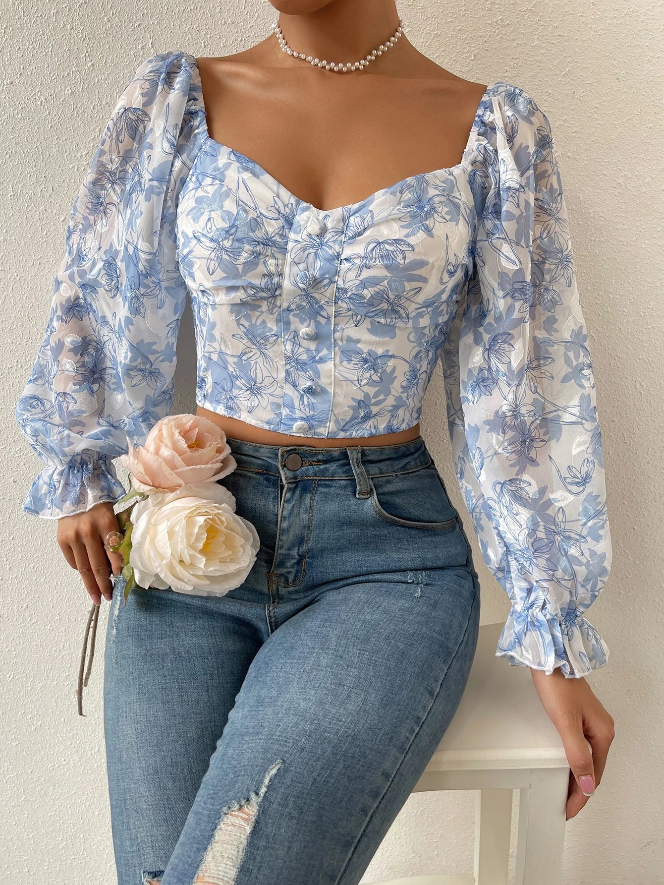 Chiquease Floral Print Flounce Sleeve Ruched Chiffon Blouse,Long Sleeve Tops Fall Cloth for Women