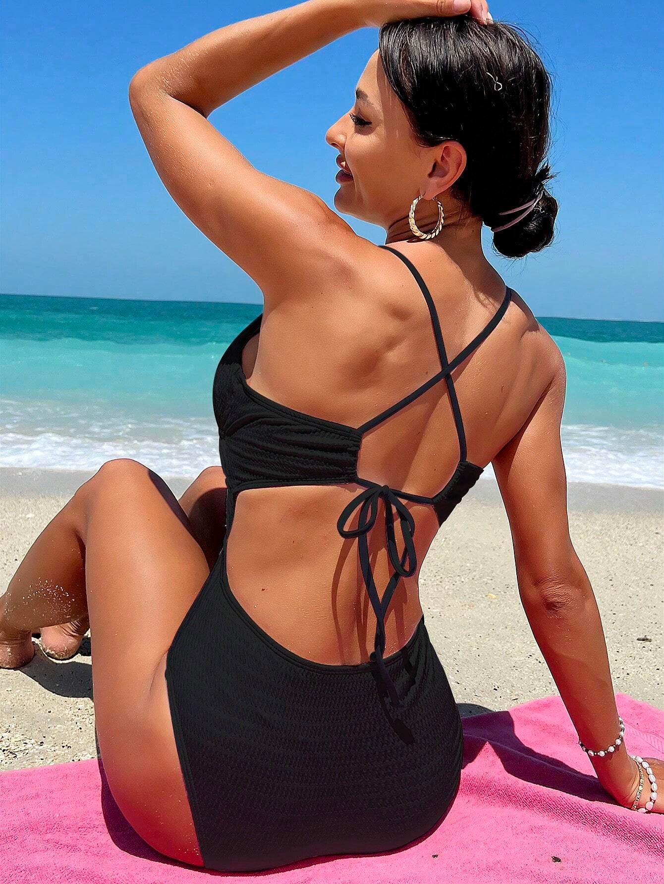 Swim Vcay Summer Beach Plain Plunging One Piece Swimsuit