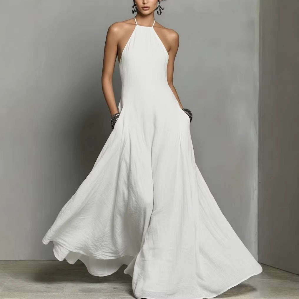 Womens Solid-Color Cotton-Linen Blend Simple Sleeveless Maxi Dress