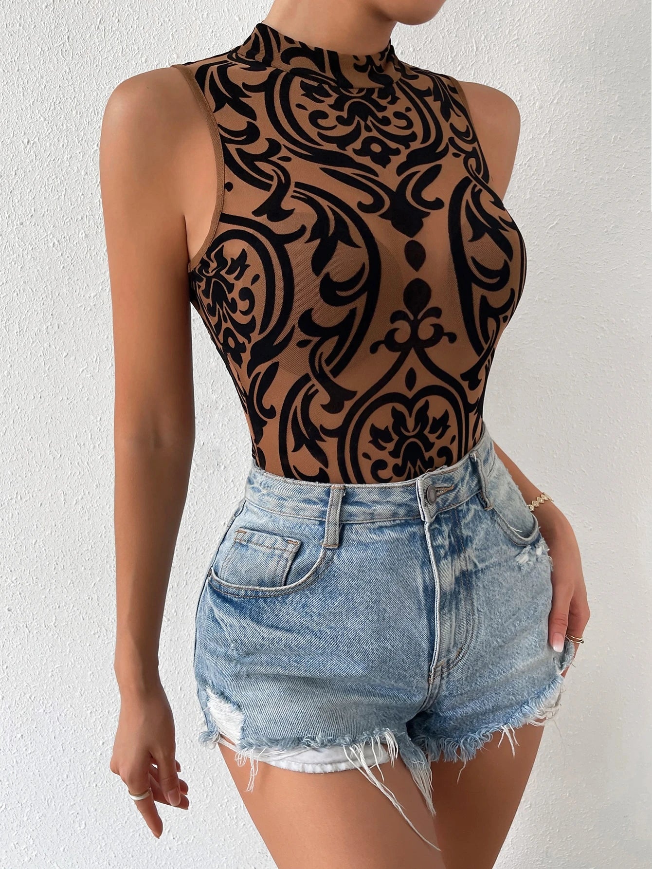 Rafferiza Baroque Print Mock Neck Bodysuit without Lingerie Set