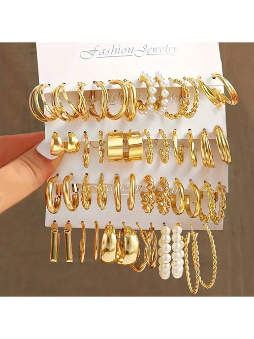 48/24/12Pcs Vintage Punk Style Women Fashion Elegant Hoop Faux Pearl Earrings Set, Women Jewelry, Bohemian Style - Versatile Daily Wear, Suitable for Daily, Dating, Party, Gift for Friends
