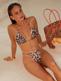Swim Vcay 2Pcs Women'S Summer Beach Leopard Print Halter Tie Sexy Bikini Swimsuit Set, Random Print