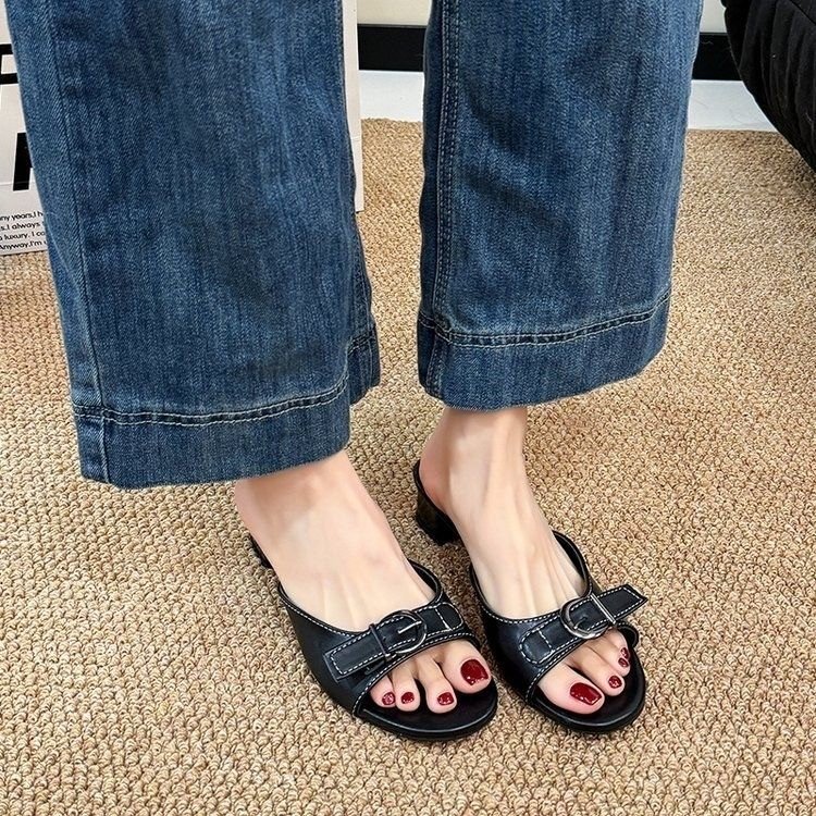 Vintage And Stylish Niche Belt-buckle Slide Sandals For Women, Summer Versatile Chunky Heel Simple Elegant Slippers