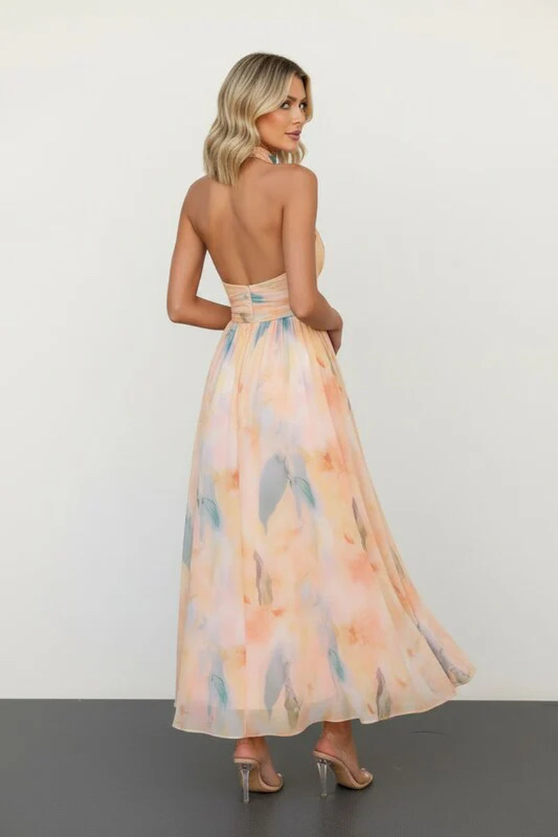 Halter Neck Maxi Dress with Open Back and Artistic Print